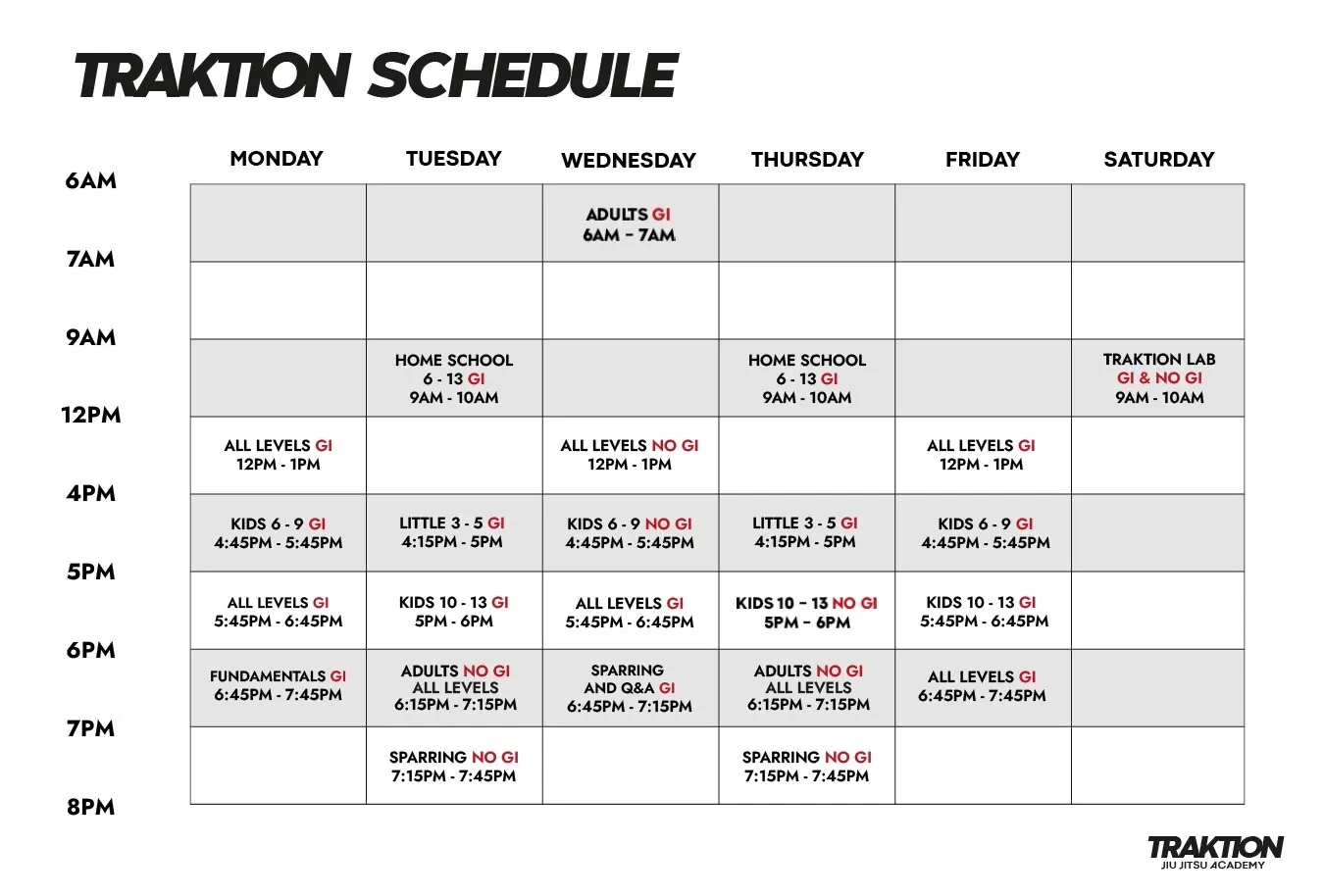 Weekly schedule of adult Brazilian Jiu Jitsu classes at Traktion in Stuart, Florida